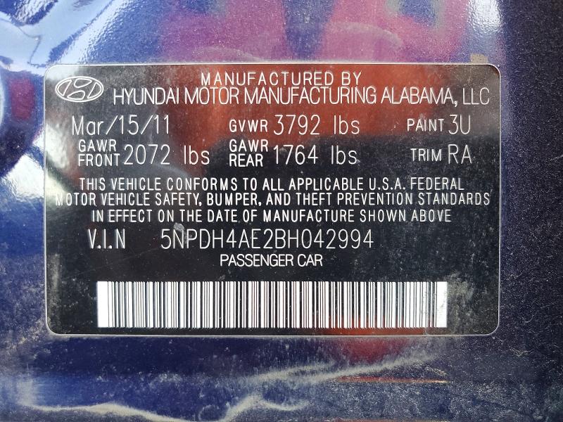2011 Hyundai Elantra მანქანა იყიდება აუქციონზე, vin: 5NPDH4AE2BH042994, აუქციონის ნომერი: 57571986
