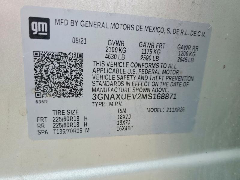 Aukcja sprzedaży 2021 Chevrolet Equinox, vin: 3GNAXUEV2MS168871, numer aukcji: 58530016