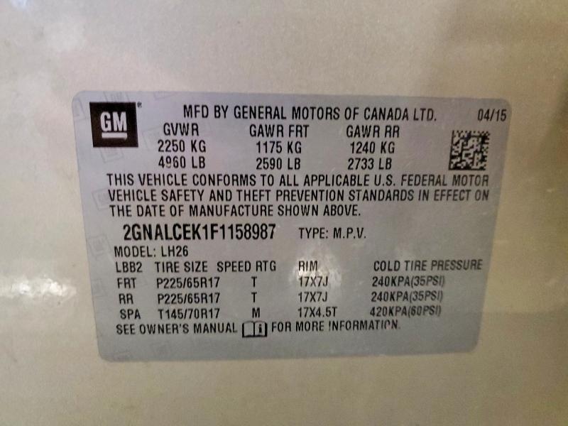 58883896 :رقم المزاد ، 2GNALCEK1F1158987 vin ، 2015 Chevrolet Equinox مزاد بيع