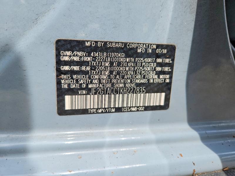 2019 Subaru Crosstrek მანქანა იყიდება აუქციონზე, vin: JF2GTACC1KH227835, აუქციონის ნომერი: 57894116