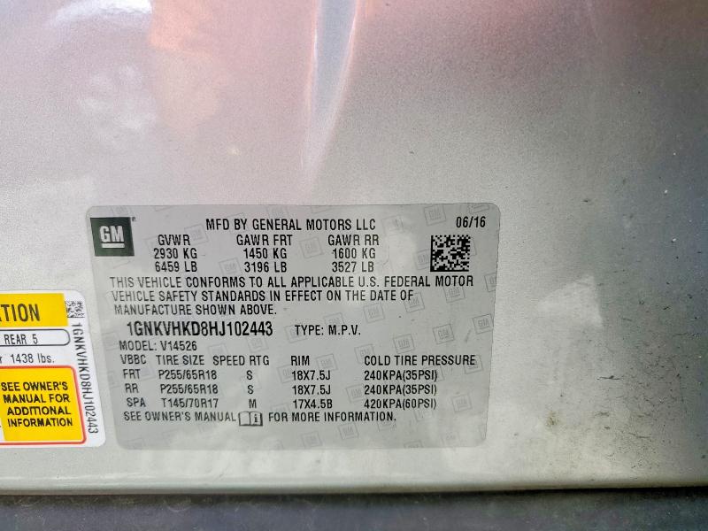 57637236 :رقم المزاد ، 1GNKVHKD8HJ102443 vin ، 2017 Chevrolet Traverse مزاد بيع