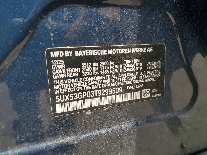 Aukcja sprzedaży 2026 Bmw X3, vin: 5UX53GP03T9299509, numer aukcji: 58727666