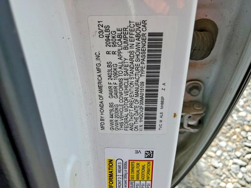 55813426 :رقم المزاد ، 1HGCV2F30MA015109 vin ، 2021 Honda Accord مزاد بيع