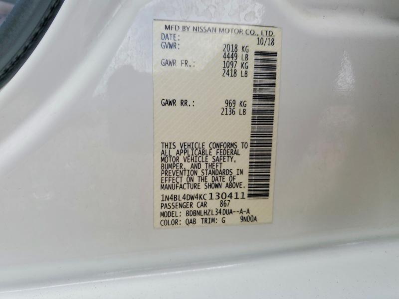 55839596 :رقم المزاد ، 1N4BL4DW4KC130411 vin ، 2019 Nissan Altima مزاد بيع