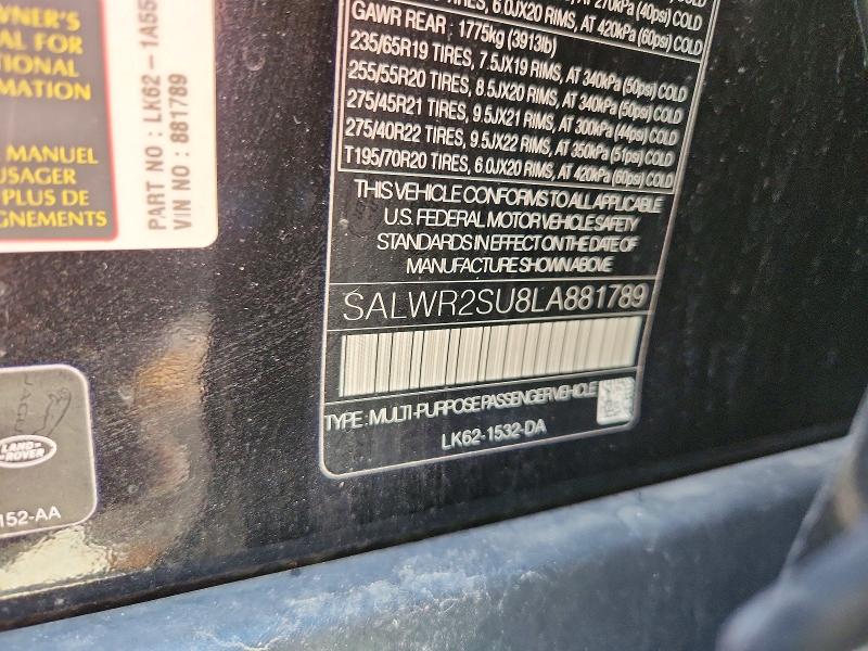 Продажа на аукционе авто 2020 Land Rover Range Rover Sport, vin: SALWR2SU8LA881789, номер лота: 58709616