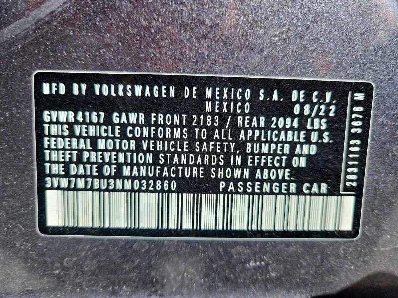 55739306 :رقم المزاد ، 3VW7M7BU3NM032860 vin ، 2022 Volkswagen Jetta مزاد بيع