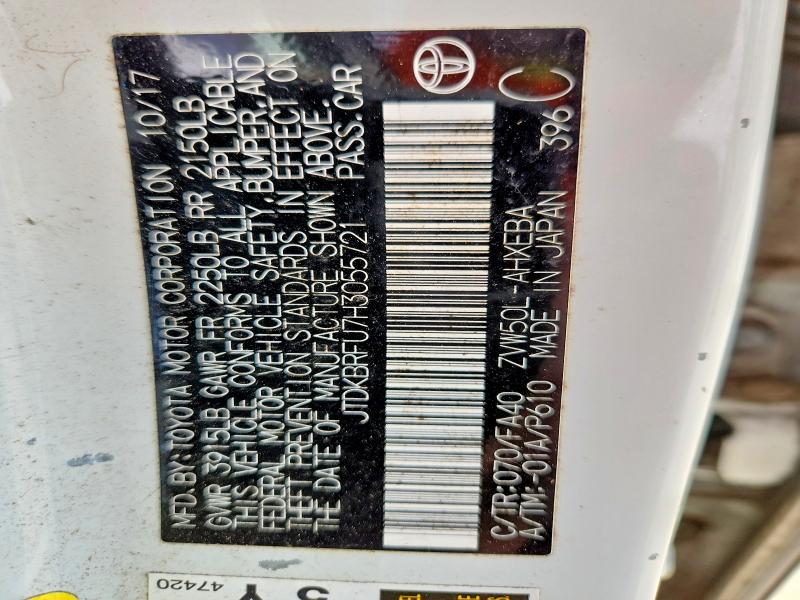 56455736 :رقم المزاد ، JTDKBRFU7H3055721 vin ، 2017 Toyota Prius مزاد بيع