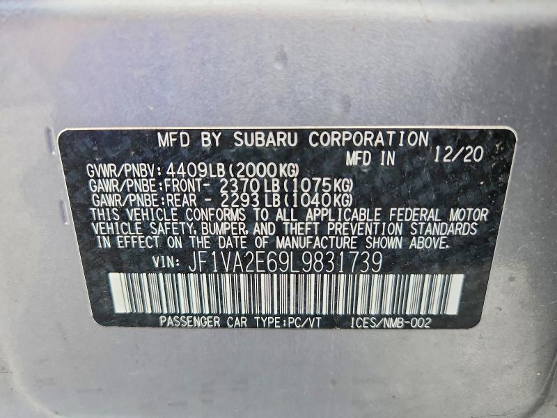 Продаж на аукціоні авто 2020 Subaru Wrx, vin: JF1VA2E69L9831739, номер лоту: 57999966
