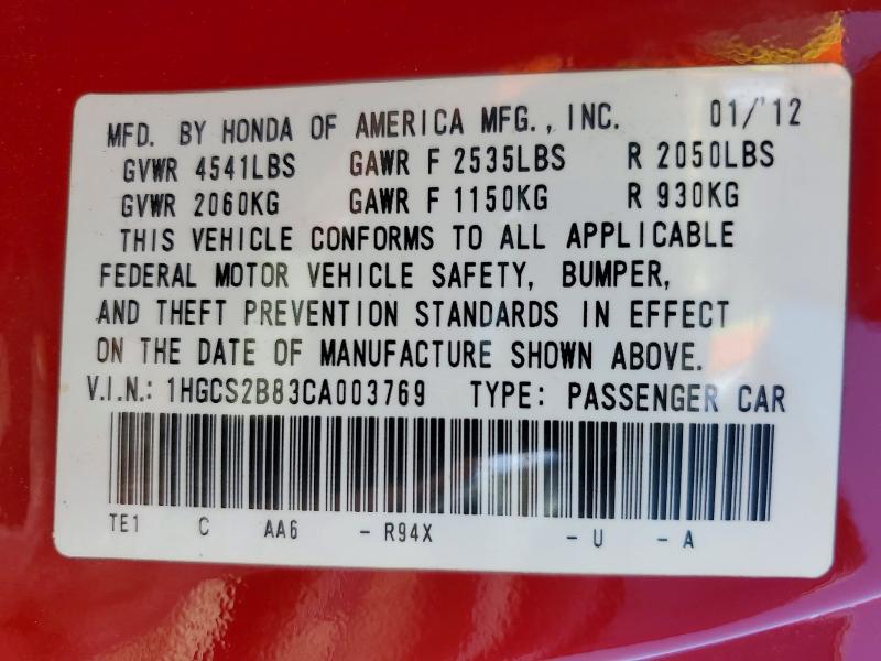 2012 Honda Accord მანქანა იყიდება აუქციონზე, vin: 1HGCS2B83CA003769, აუქციონის ნომერი: 56802826