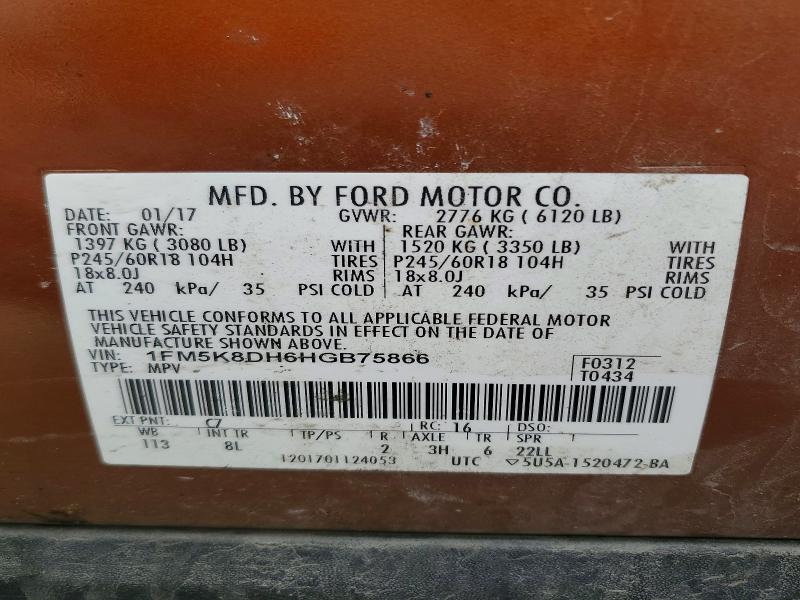 Auction sale of the 2017 Ford Explorer, vin: 1FM5K8DH6HGB75866, lot number: 57998956