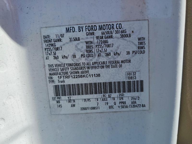 Продаж на аукціоні авто 2008 Ford F150, vin: 1FTRF12258KC11138, номер лоту: 59102386
