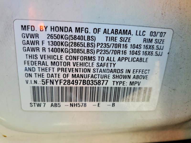 Продажа на аукционе авто 2007 Honda Pilot, vin: 5FNYF28497B035877, номер лота: 57042246
