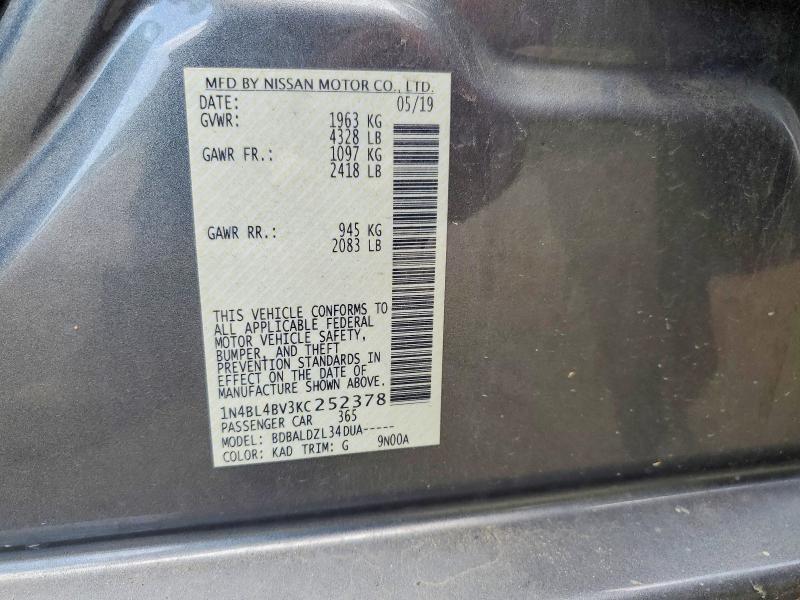 Продаж на аукціоні авто 2019 Nissan Altima, vin: 1N4BL4BV3KC252378, номер лоту: 57078546