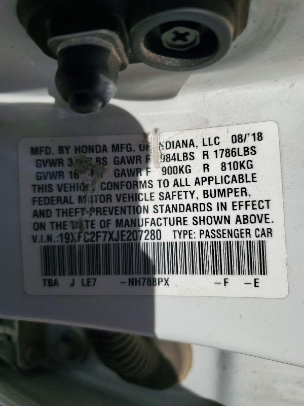 56343366 :رقم المزاد ، 19XFC2F7XJE207280 vin ، 2018 Honda Civic مزاد بيع