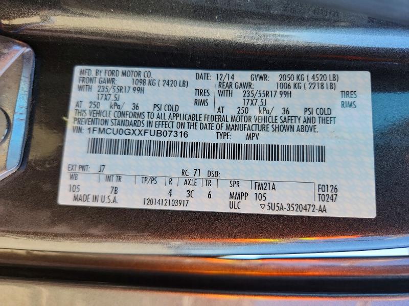 Aukcja sprzedaży 2015 Ford Escape, vin: 1FMCU0GXXFUB07316, numer aukcji: 57866856