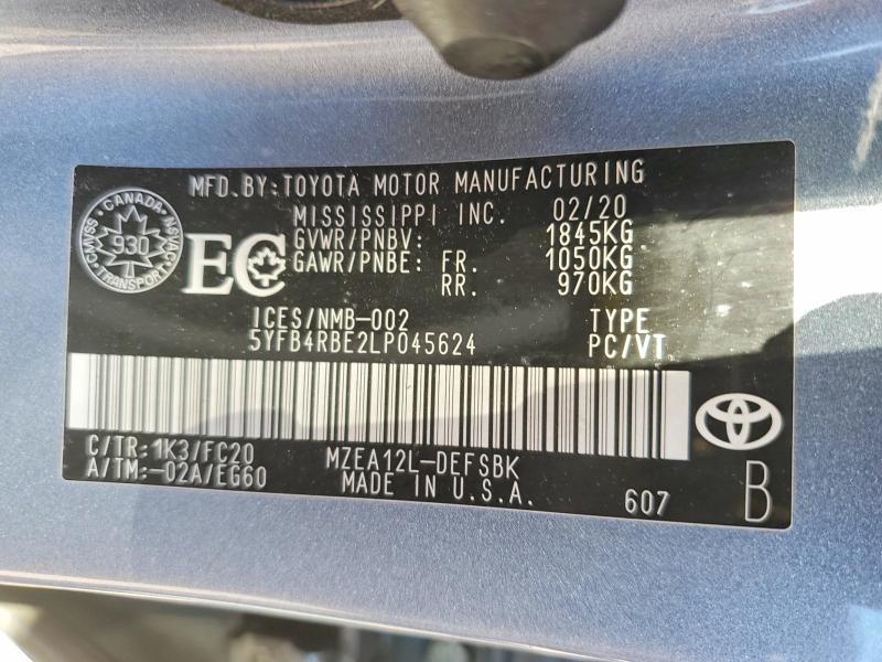 Продаж на аукціоні авто 2020 Toyota Corrola, vin: 5YFB4RBE2LP045624, номер лоту: 58360456