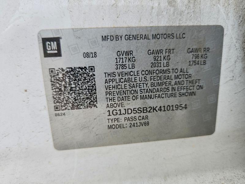 2019 Chevrolet Sonic მანქანა იყიდება აუქციონზე, vin: 1G1JD5SB2K4101954, აუქციონის ნომერი: 56586236
