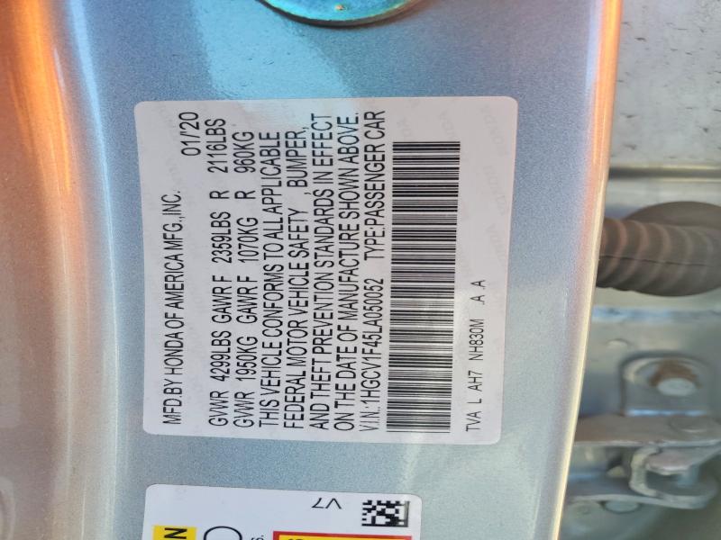 56655076 :رقم المزاد ، 1HGCV1F45LA050052 vin ، 2020 Honda Accord مزاد بيع