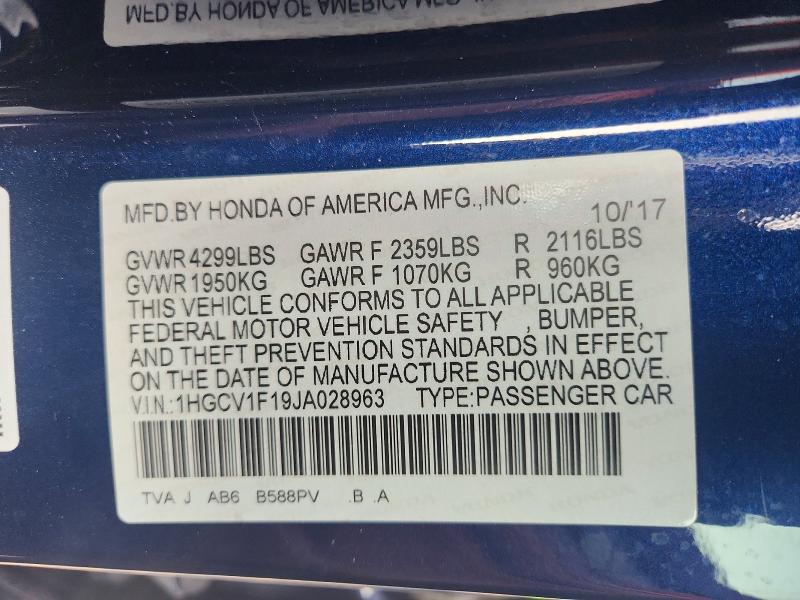 47102386 :رقم المزاد ، 1HGCV1F19JA028963 vin ، 2018 Honda Accord مزاد بيع