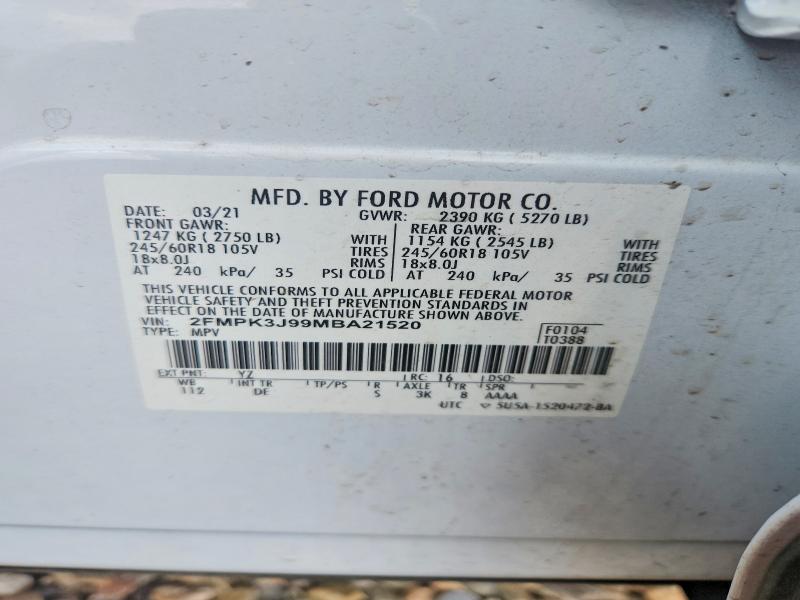 2021 Ford Edge მანქანა იყიდება აუქციონზე, vin: 2FMPK3J99MBA21520, აუქციონის ნომერი: 55821616