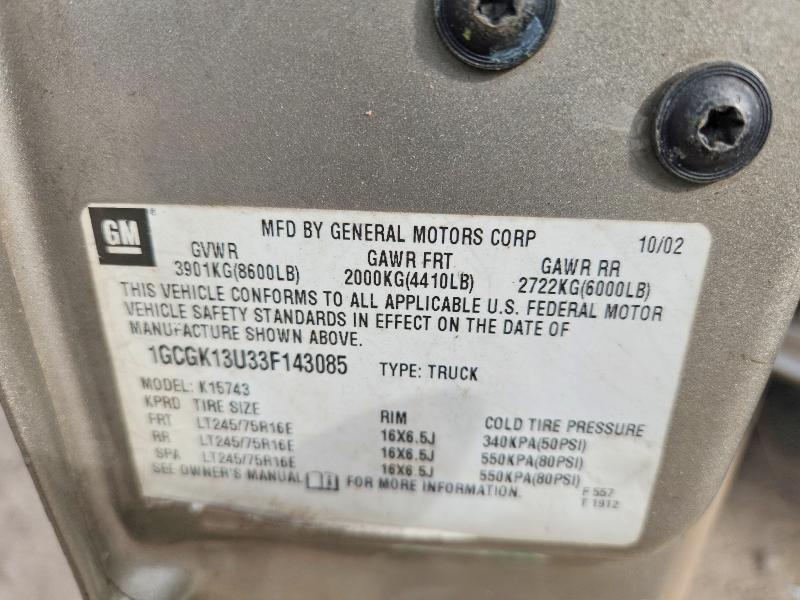 2003 Chevrolet Silverado მანქანა იყიდება აუქციონზე, vin: 1GCGK13U33F143085, აუქციონის ნომერი: 56778356