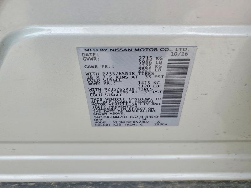 2017 Nissan Pathfinder მანქანა იყიდება აუქციონზე, vin: 5N1DR2MM2HC624369, აუქციონის ნომერი: 58582326