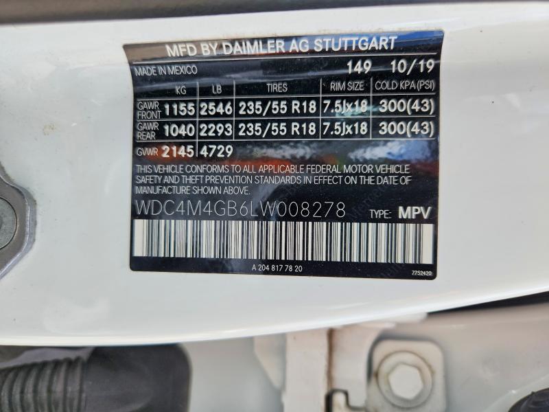 56251516 :رقم المزاد ، WDC4M4GB6LW008278 vin ، 2020 Mercedes-benz Glb مزاد بيع
