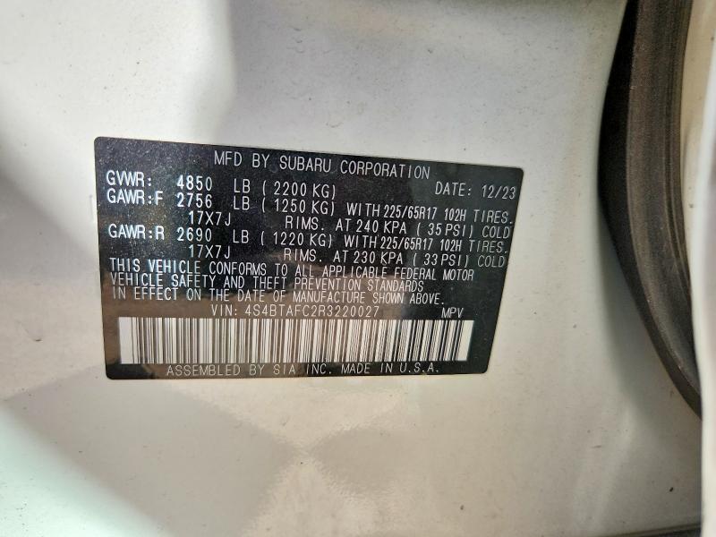 2024 Subaru Outback მანქანა იყიდება აუქციონზე, vin: 4S4BTAFC2R3220027, აუქციონის ნომერი: 54552756