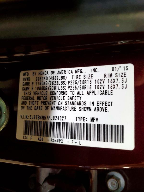 58693106 :رقم المزاد ، 5J8TB4H57FL024027 vin ، 2015 Acura Rdx مزاد بيع