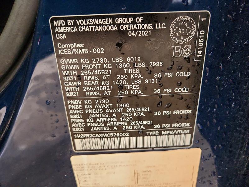 55591596 :رقم المزاد ، 1V2FR2CAXMC579002 vin ، 2021 Volkswagen Atlas مزاد بيع