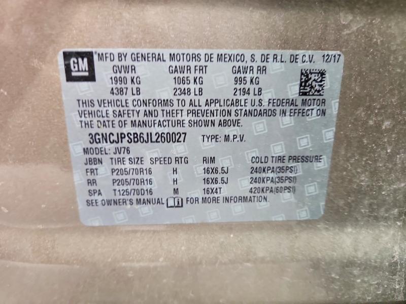 2018 Chevrolet Trax მანქანა იყიდება აუქციონზე, vin: 3GNCJPSB6JL260027, აუქციონის ნომერი: 56468236