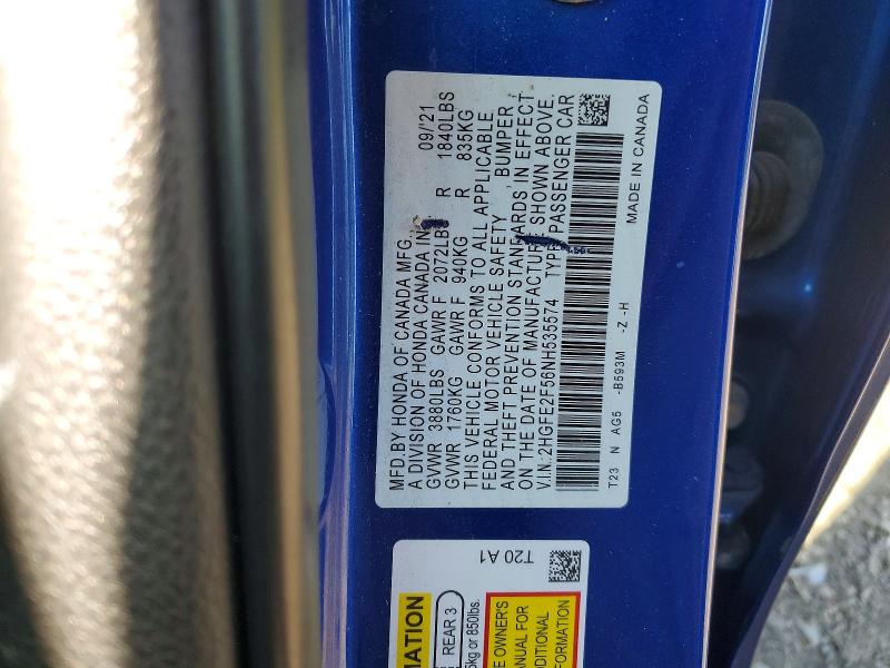Aukcja sprzedaży 2022 Honda Civic, vin: 2HGFE2F56NH535574, numer aukcji: 55963756
