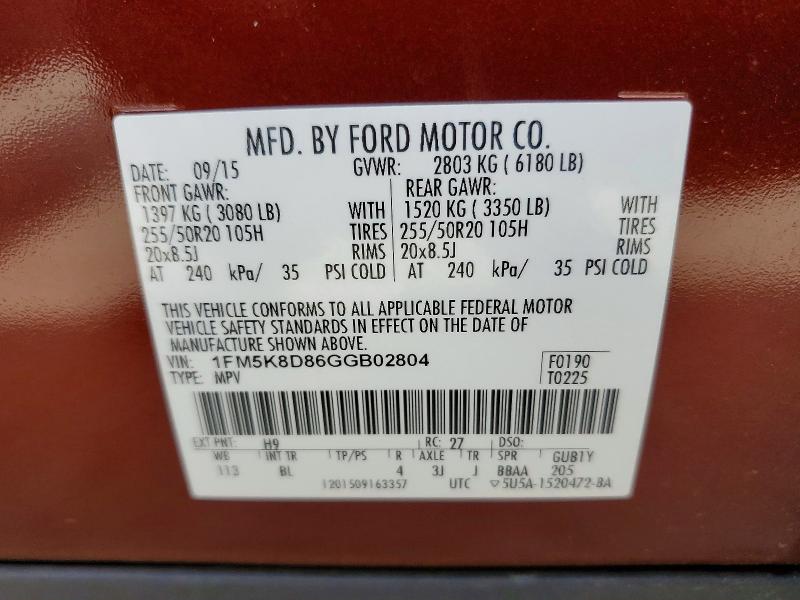 2016 Ford Explorer Xlt მანქანა იყიდება აუქციონზე, vin: 1FM5K8D86GGB02804, აუქციონის ნომერი: 54964106