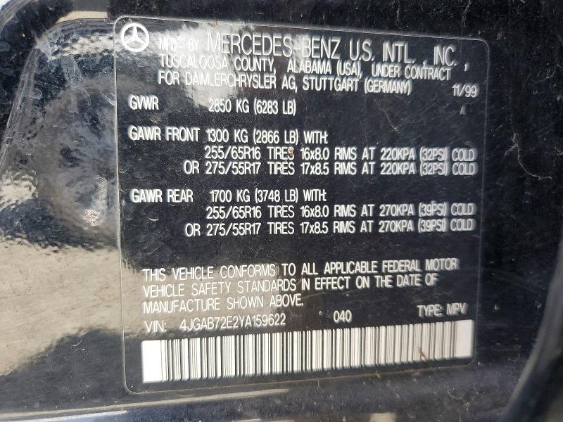 Продажа на аукционе авто 2000 Mercedes-benz Ml, vin: 4JGAB72E2YA159622, номер лота: 58638126