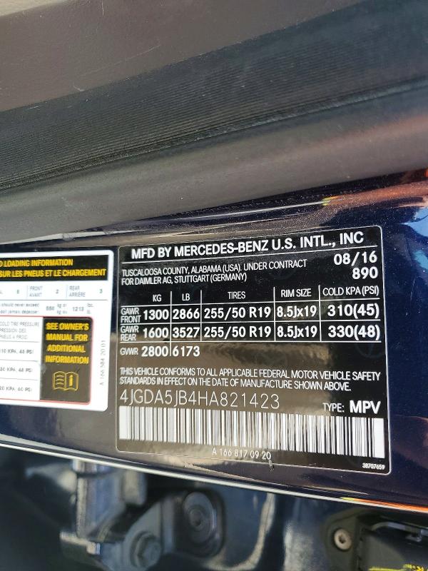 Aukcja sprzedaży 2017 Mercedes-benz Gle, vin: 4JGDA5JB4HA821423, numer aukcji: 59001296