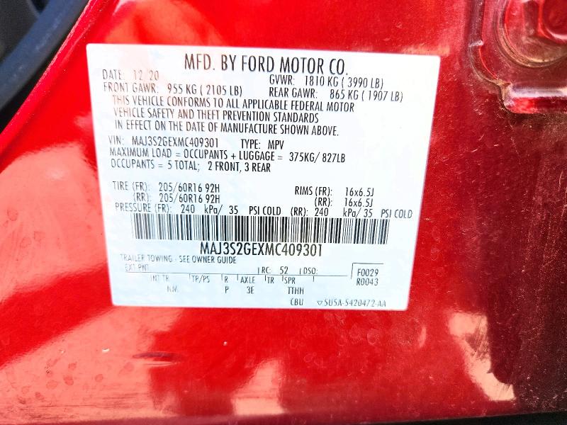 Продажа на аукционе авто 2021 Ford Ecosport, vin: MAJ3S2GEXMC409301, номер лота: 58937396