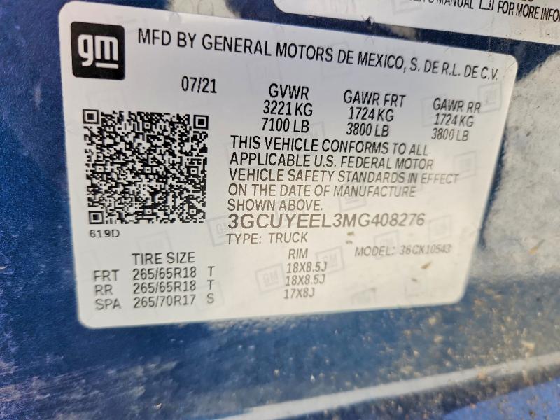 Aukcja sprzedaży 2021 Chevrolet Silverado, vin: 3GCUYEEL3MG408276, numer aukcji: 55077766