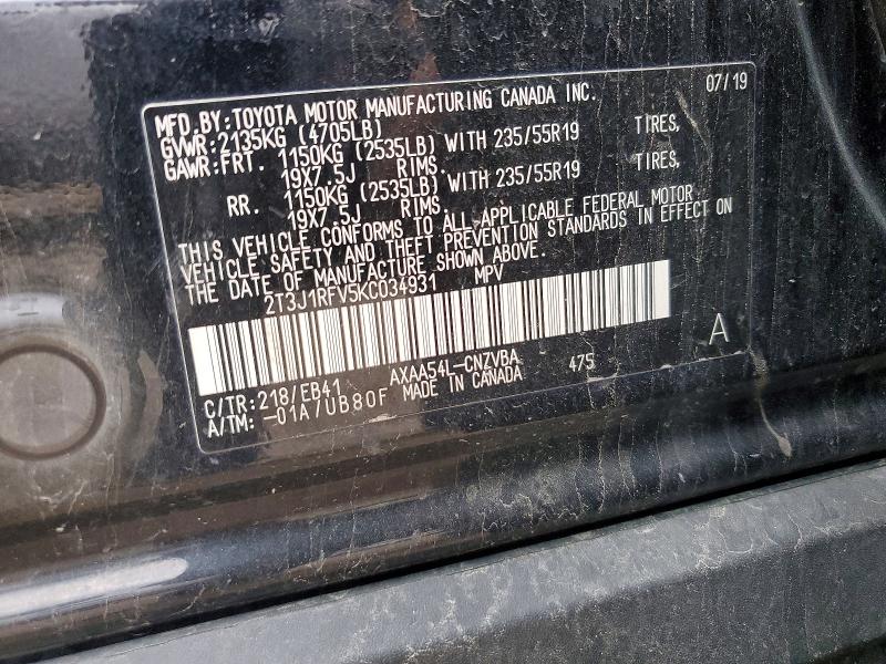 55422926 :رقم المزاد ، 2T3J1RFV5KC034931 vin ، 2019 Toyota Rav4 مزاد بيع