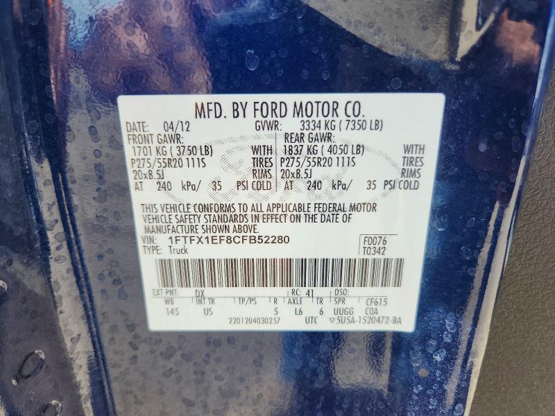 57088796 :رقم المزاد ، 1FTFX1EF8CFB52280 vin ، 2012 Ford F150 مزاد بيع