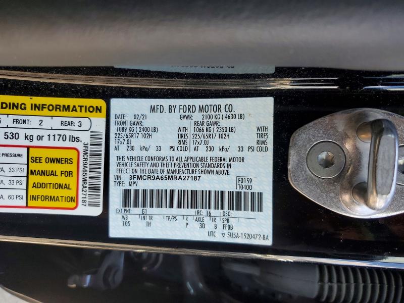 2021 Ford Bronco Sport მანქანა იყიდება აუქციონზე, vin: 3FMCR9A65MRA27187, აუქციონის ნომერი: 57221136