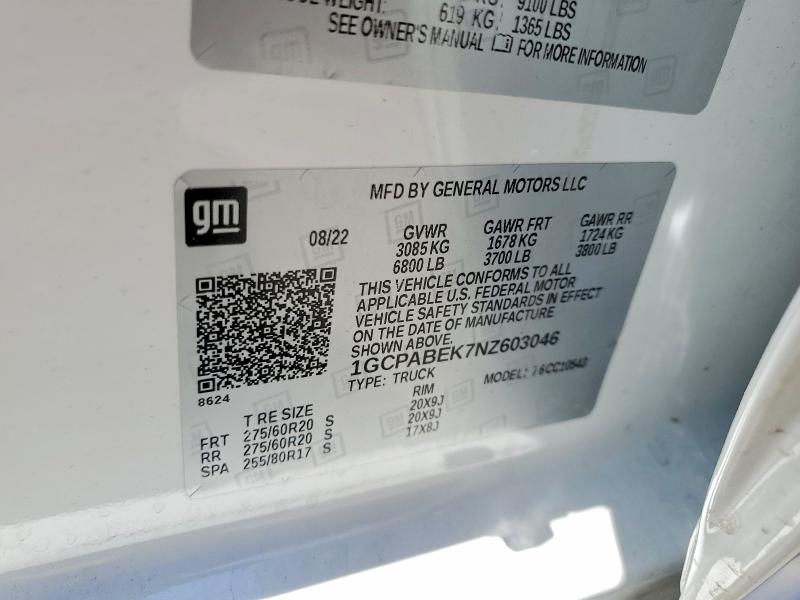 Aukcja sprzedaży 2022 Chevrolet Silverado, vin: 1GCPABEK7NZ603046, numer aukcji: 56365706