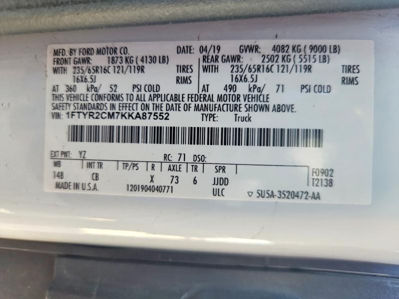 Продаж на аукціоні авто 2019 Ford Transit, vin: 1FTYR2CM7KKA87552, номер лоту: 54060196