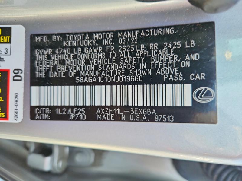 Aukcja sprzedaży 2022 Lexus Es 300h, vin: 58AGA1C10NU019660, numer aukcji: 56997186