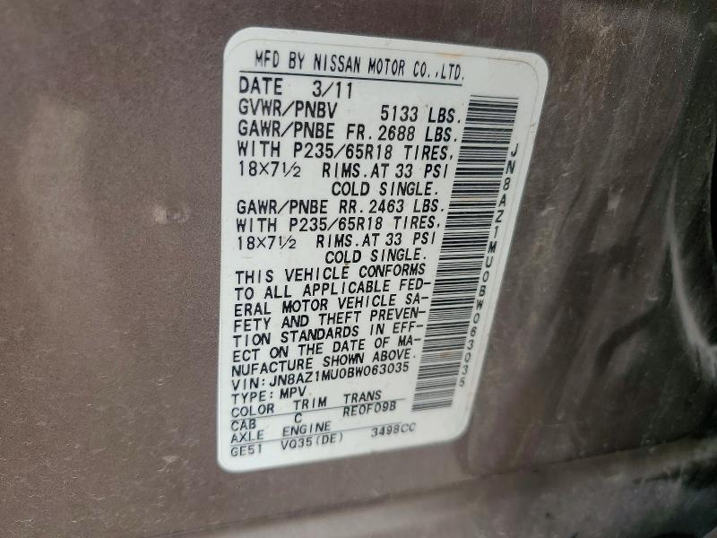 Auction sale of the 2011 Nissan Murano, vin: JN8AZ1MU0BW063035, lot number: 57086486