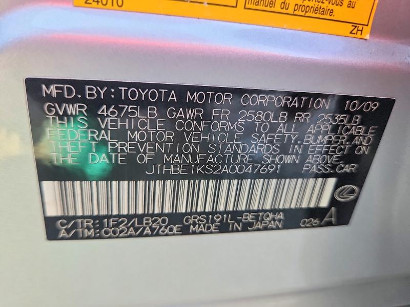 58562656 :رقم المزاد ، JTHBE1KS2A0047691 vin ، 2010 Lexus Gs مزاد بيع