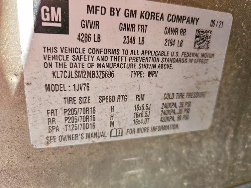 2021 Chevrolet Trax მანქანა იყიდება აუქციონზე, vin: KL7CJLSM2MB375696, აუქციონის ნომერი: 57368266
