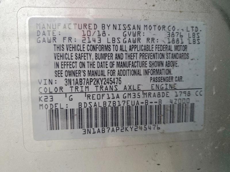 Продаж на аукціоні авто 2019 Nissan Sentra, vin: 3N1AB7AP2KY245476, номер лоту: 58625706
