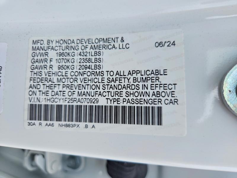 2024 Honda Accord მანქანა იყიდება აუქციონზე, vin: 1HGCY1F25RA070929, აუქციონის ნომერი: 56145896