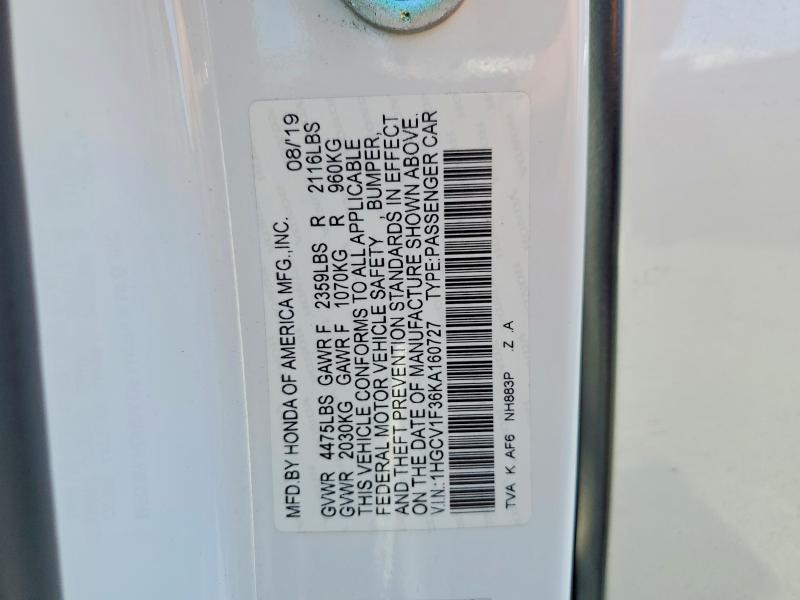 Продаж на аукціоні авто 2019 Honda Accord, vin: 1HGCV1F36KA160727, номер лоту: 55769896