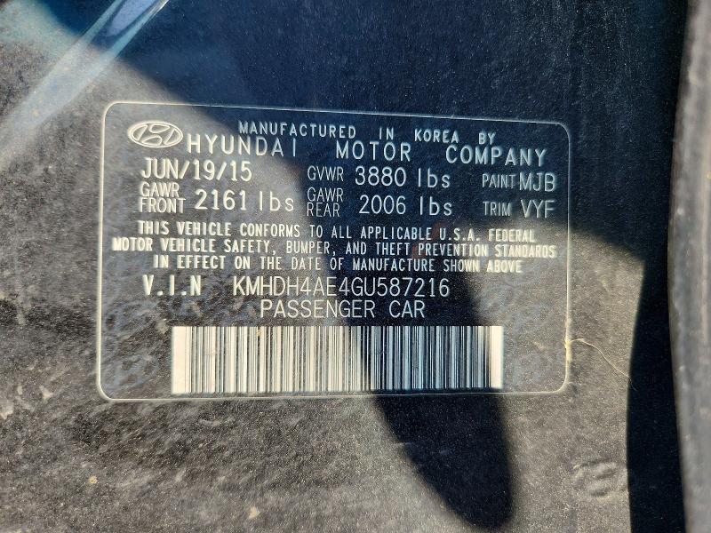 2016 Hyundai Elantra მანქანა იყიდება აუქციონზე, vin: KMHDH4AE4GU587216, აუქციონის ნომერი: 58382176